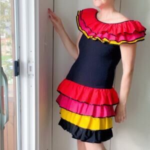 Vintage 80s Ruffle Fiesta Dress Colorblock Tiered Mini Carmen Miranda Vibes